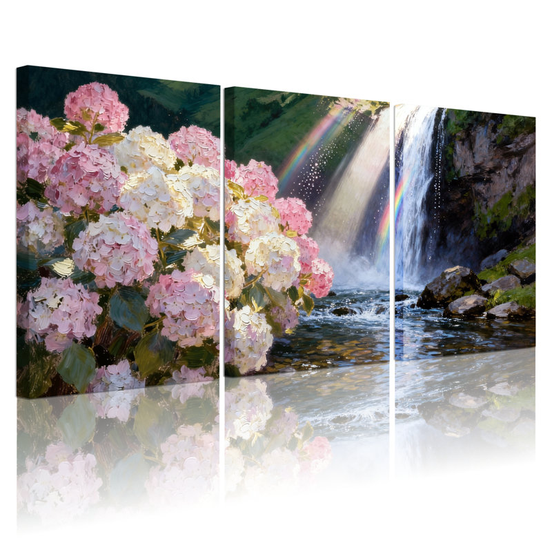 Fleurs d'hortensia, cascade, arc-en-ciel, paysage naturel, ensemble de 3 reproductions d'art sur toile, H 18 po x l 36 po