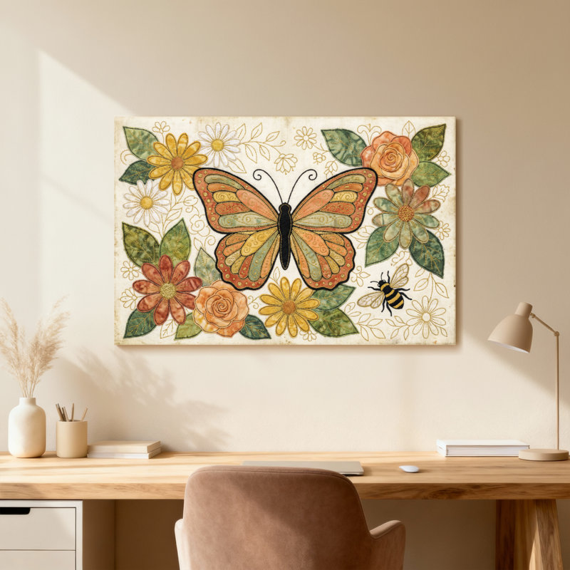 Animaux, papillon, fleurs, abeilles, motif artistique, H 16 po x l 24 po, Toile tendue, Ne s’applique pas