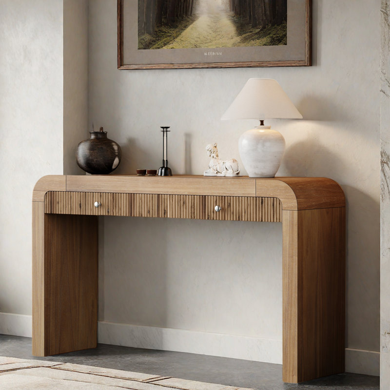 Console rustique avec devant cannelé, 2 tiroirs, coins arrondis et pieds épais, Naturel