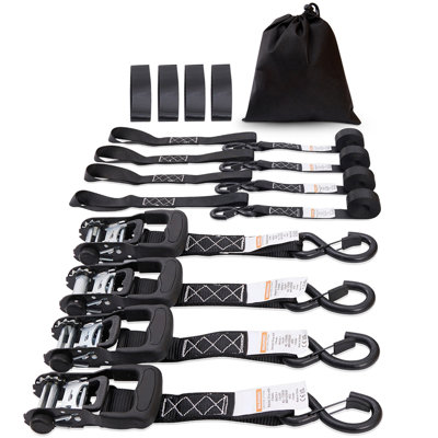 Ratchet Tie Down Straps (4PK), 5208 lb Max Break Strength, Includes 4 Premium 1.6" x 8' Rachet Tie Downs with Padded Handles, for Moving Securing Cargo, Appliances, Lawn Equipment, Motorcycle