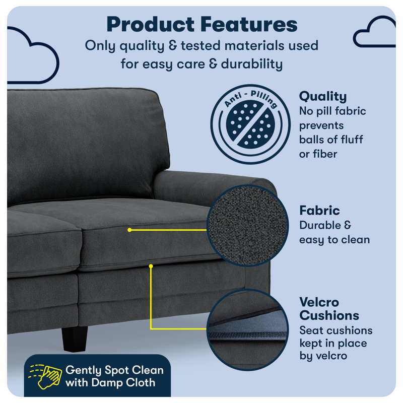 Serta Copenhagen 73" Rolled Arm Sofa, Easy Care Fabric, Soft Pillow Back, Pocket Coil Seat Cushions, Charcoal Microsuede