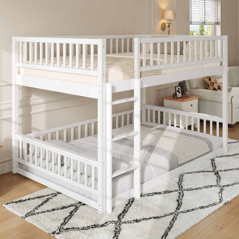 Queen over Queen Bunk Bed with Ladder and Guardrails, White, White