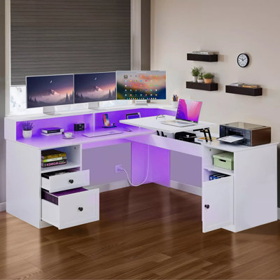 Balconera 60'' L Shaped Desk With Power Outlet,  LED Lights & Lift Top