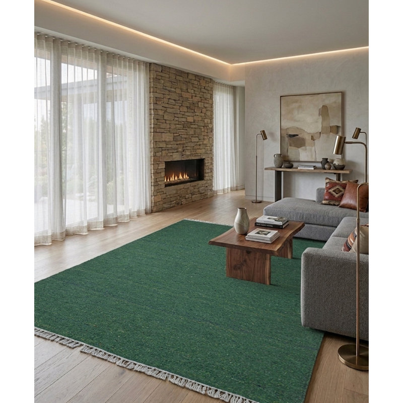 Tapis d'intérieur rectangulaire tissé à la main en coton et en polyester vert foncé, Rectangle 4pi x 6 pi