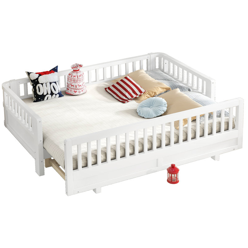 Lit plateforme simple TG avec garde-corps, lit simple convertible en bois massif TG pour grand lit, blanc, Blanc