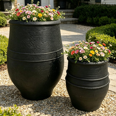 Ensemble de 2 pots à fleurs en plastique noir anthracite mat 21,3 po H et 13,2 po H, grand et léger pour l'intérieur et l'extérieur, pot de fleurs décoratif durable