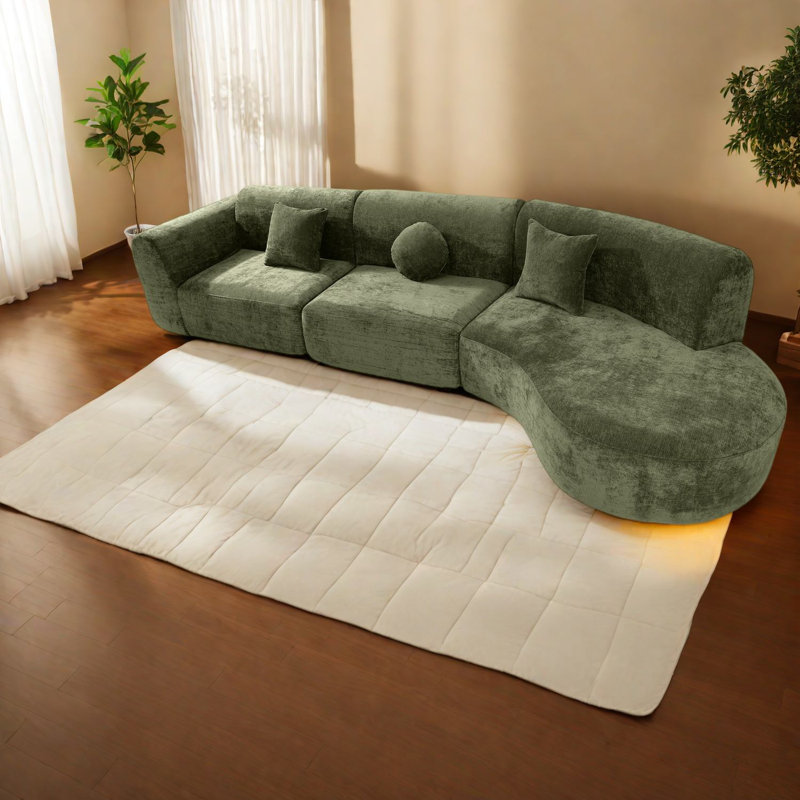Spacieux canapé modulaire vert désossé de 140 po avec méridienne pour salon moderne