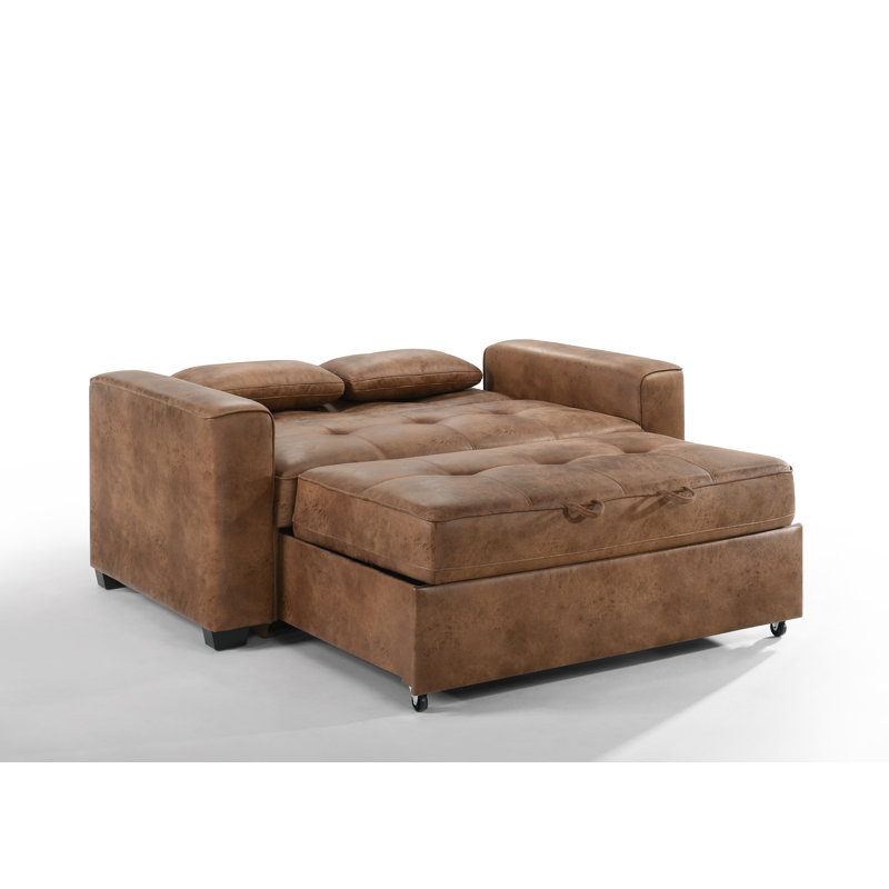 Kridia 77'' Faux Leather Reclining Sleeper Sofa, Cognac Faux leather, Full