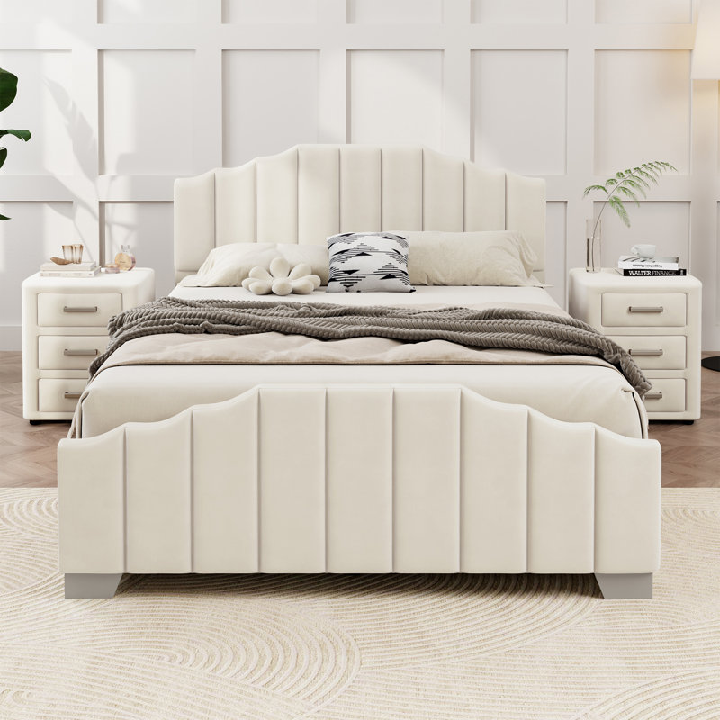 Tête de lit et pied de lit capitonnés en velours, Beige, Lit double