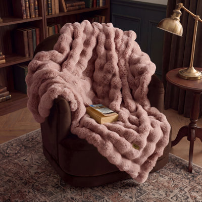 Bedsure Fluffy Faux Fur Throw XL Blanket – Soft Bubble Blanket for Sofa & Dorm Room – Adobe Rose – Gift for Teen 
