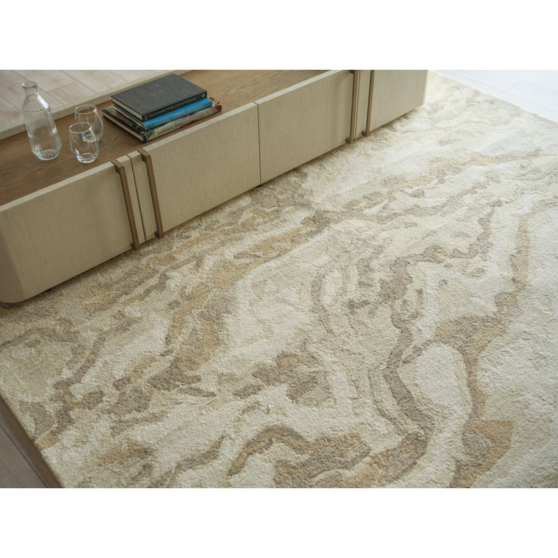 Cortero Hand Tufted Wool Abstract Area Rug, Rectangle 12' x 15', Gold/Ivory