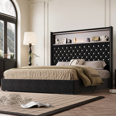 Queen Size Velvet Tufted Soft Bed Frame With Usb Port And Night Light,52'' High Headboard With Rivet Decoration, Wing-Back Platform Bed With Headboard Shelf