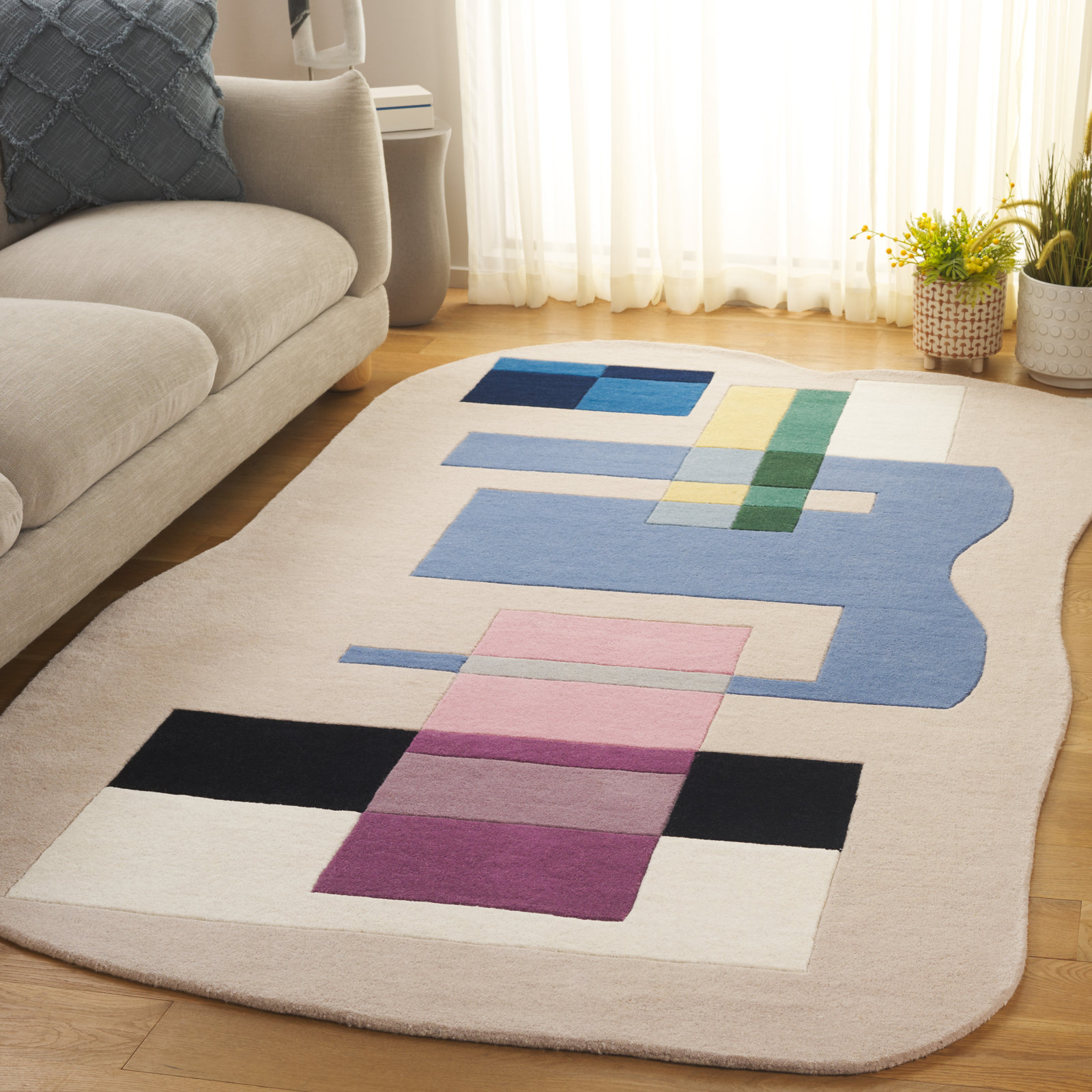 Deja Beige Blue Hand-Woven Abstract Rug, Rectangle 5' x 8'