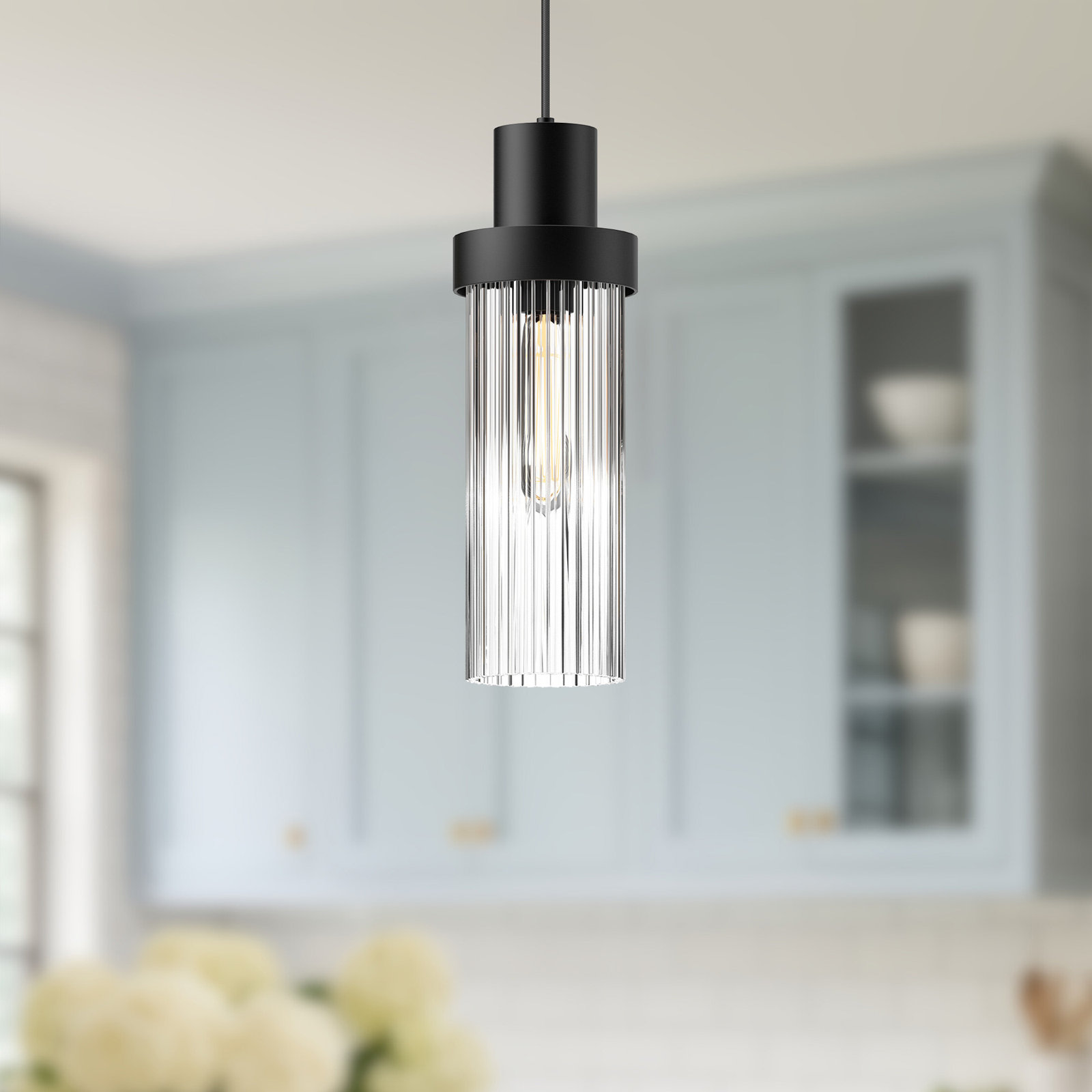 Hermit Single Light Ribbed Glass Pendant, Matte Black