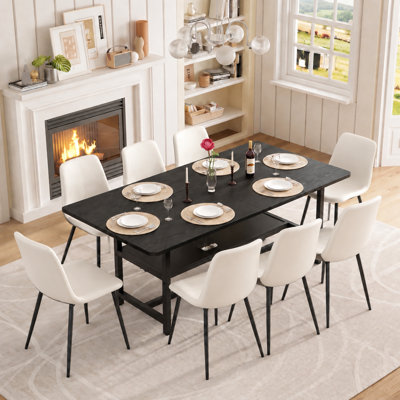 71" Modern Rectangular Dining Table Set for 6-8 with Upholstered Chairs and Storage Shelf