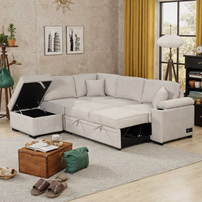 Canapé-lit Comfort Sleeper, canapé en L escamotable de 84,75 po avec repose-pieds pour rangement pour petits espaces, lin beige