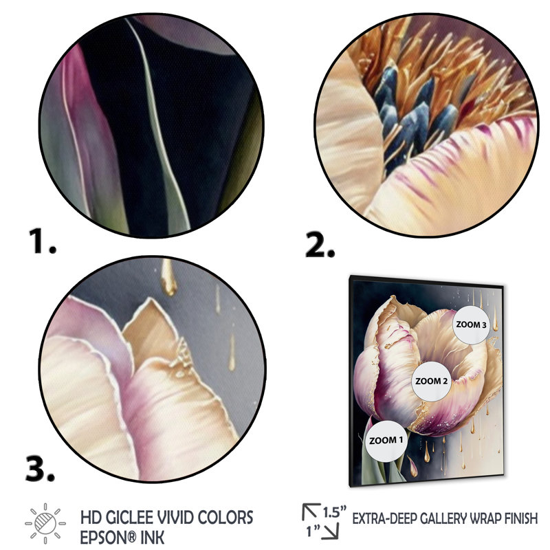 Crème et tulipe mauve I - reproduction sur toile, Toile encadrée noire à coins fermés, H 32 po x l 16 po x P 1 po