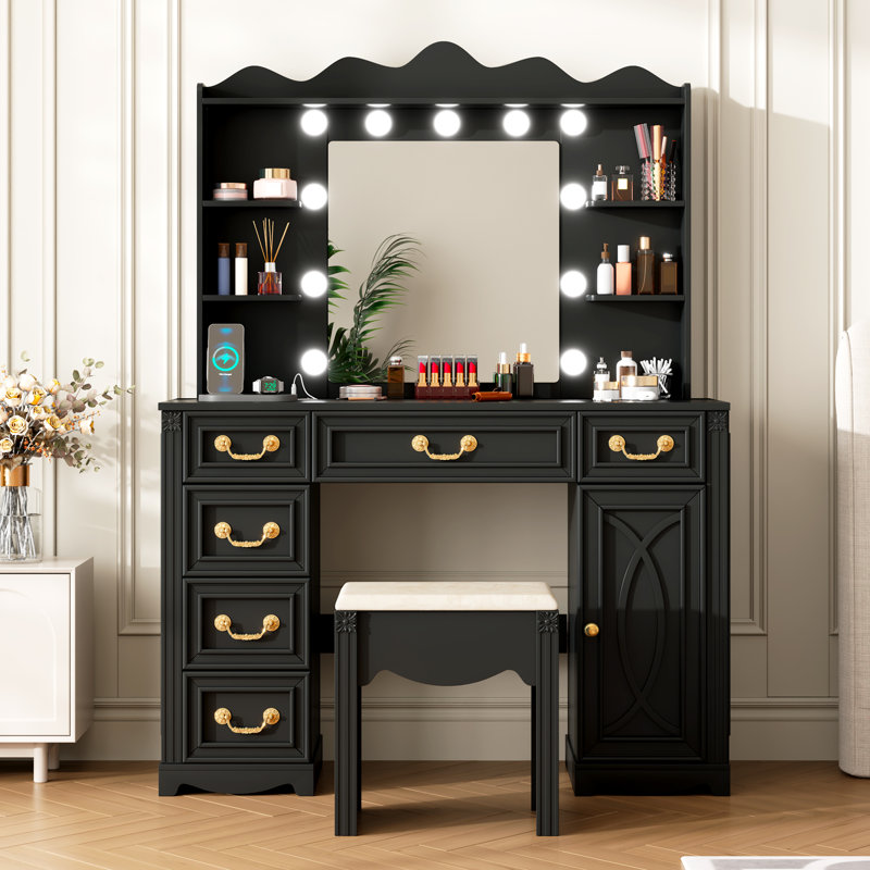 Dressing Table with 3-Color Lighting Mirror, Outlets, Stool, Storage Drawers and Cabinet, Black