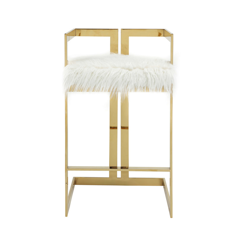 Tabouret de bar Kangé Pangea Home, Tabouret de bar (siège d'une hauteur de 29,5 po), Fausse fourrure blanche, Doré