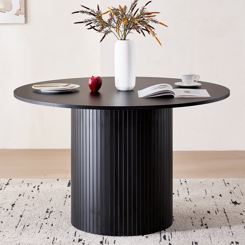 47” Round Dining Table for 4, Wood Farmhouse Kitchen Table Pedestal For Living Room, Dinner, Chamfered Edge, Black, Black