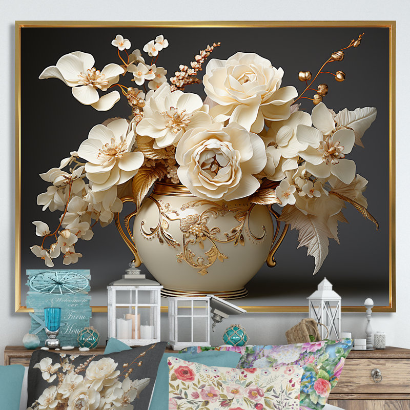 Impression sur toile Baroque Hydrangea blanc et or VII - Hydrangea, Cadre flottant doré, H 24 po x l 32 po x P 1 po