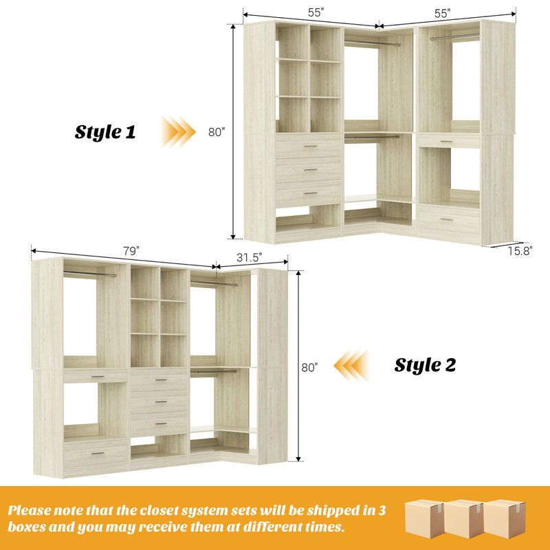 55”-79”Closet System Organizer With Drawers, Pants Rack,Cube Storage And Hanging Area, Oak Wood