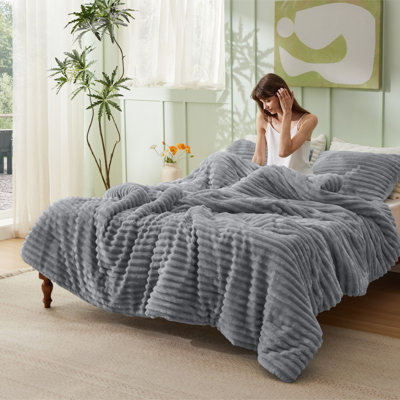 Ensembles d'édredon pour grand lit - 3 pièces de literie en molleton gris moelleux à double face, esthétique rayée confortable pour les chambres modernes et d'invités, décoration intérieure de luxe toutes saisons
