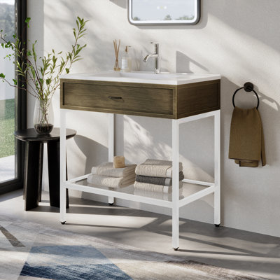 31" Modern Matte White Stainless Steel Base Bathroom Vanity with Integrated Sink, Decorative Drawer, Tempered Glass Shelf for Contemporary Spaces