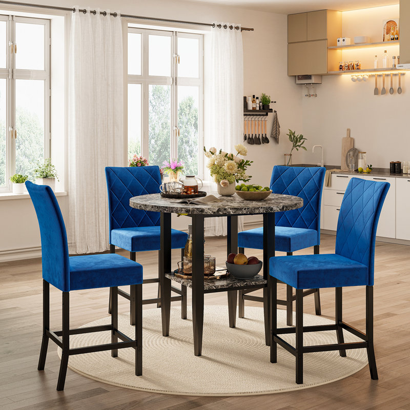 5 Pieces 35.4" Modern Style Round Faux Marble Counter Height Dining Table Set, Extendable Folding Kitchen Dining Table Set For 4 With 4 Velvet Upholstered Dining Chairs