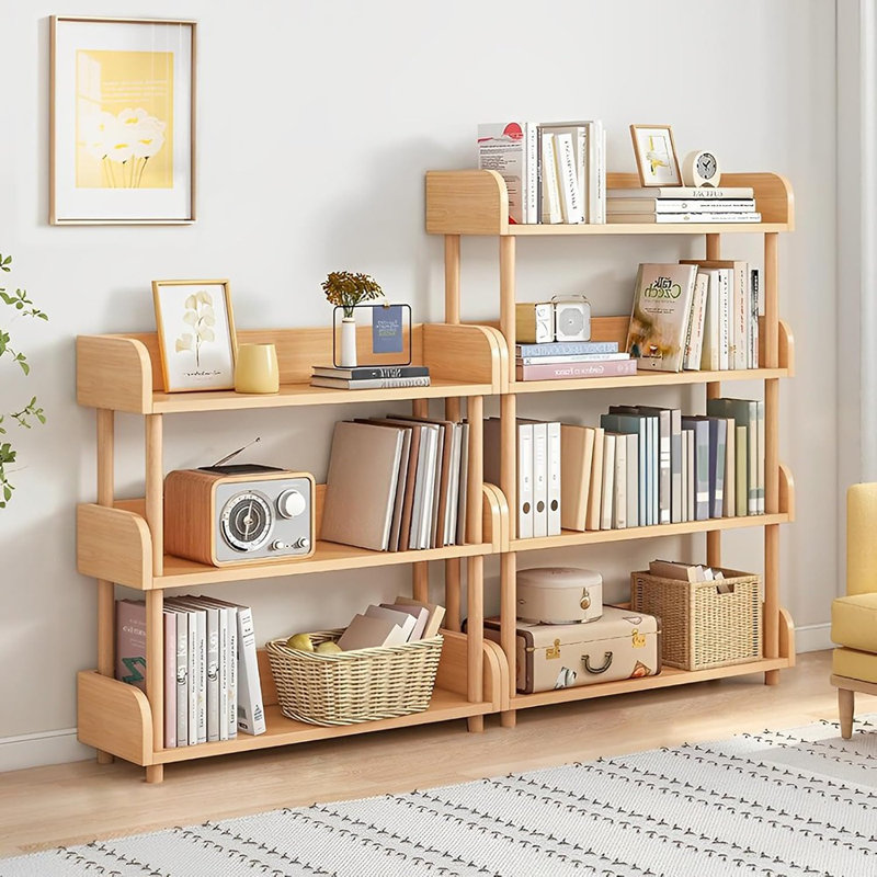 Bibliothèque moderne avec bord supérieur et structure en bois massif, armoire de rangement pour la maison ou le bureau - Chêne
