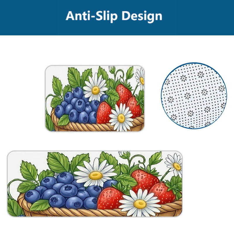 Berry Basket and Wildflower Print 2 Piece Kitchen Rugs, Country Kitchen Decor