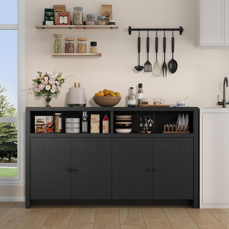 Buffet/meuble de rangement de 55 pouces avec 4 portes, Noir