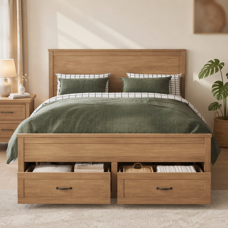 Structure de lit avec rangement moderne en bois avec 6 tiroirs, lit plateforme avec support en lattes de bois, Dérive en mer