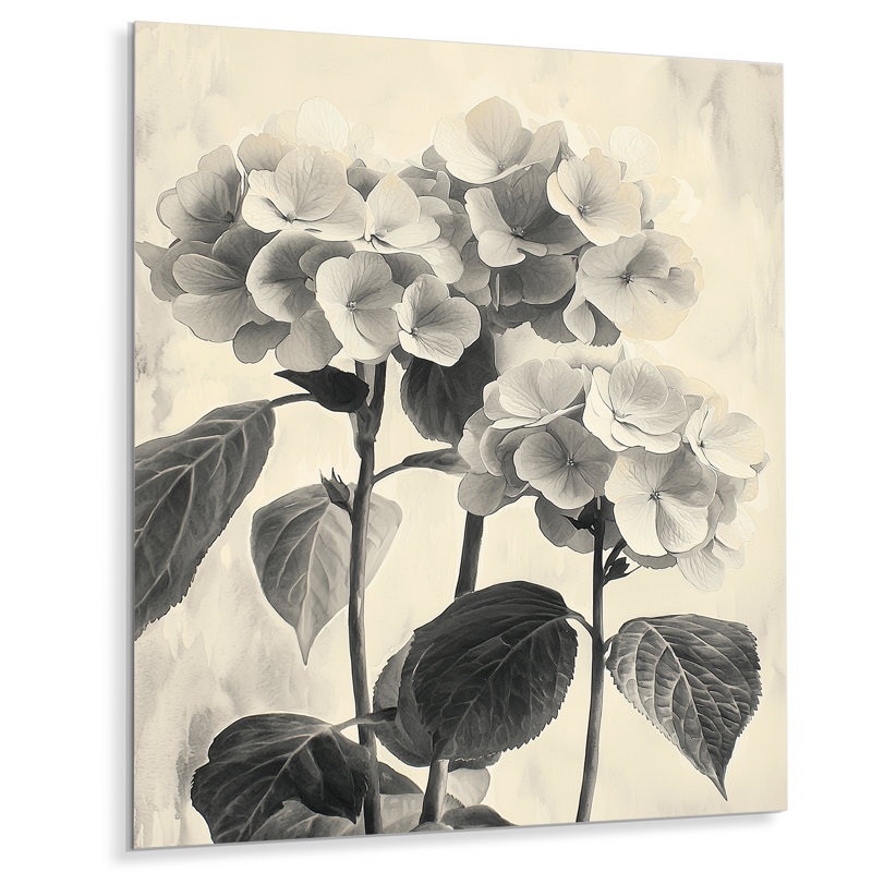 Rétro hortensias en hiver Highlight I - hydrangées grand art mural en métal, H 40 po x l 30 po