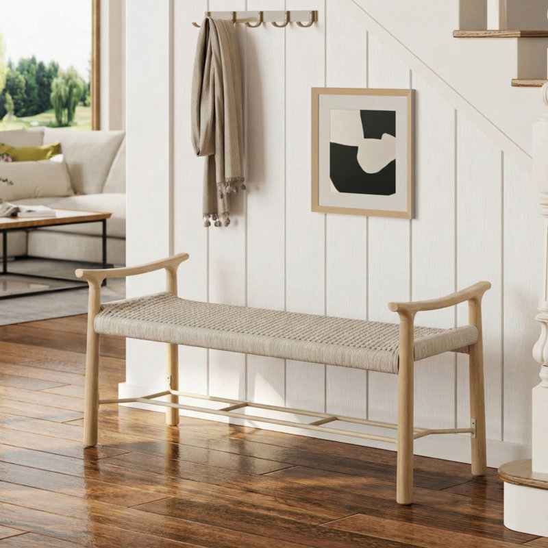Solid Oak Entry Way Bench with Shoe Storage, Natural/Beige