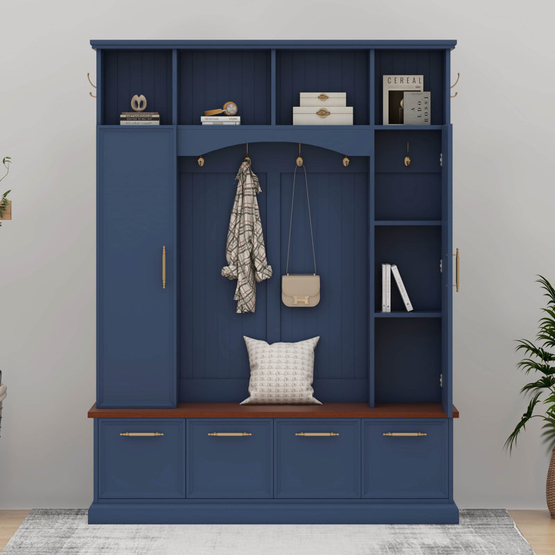 Farmhouse Hall Tree With Golden Hooks & Bench, Adjustable Shelves