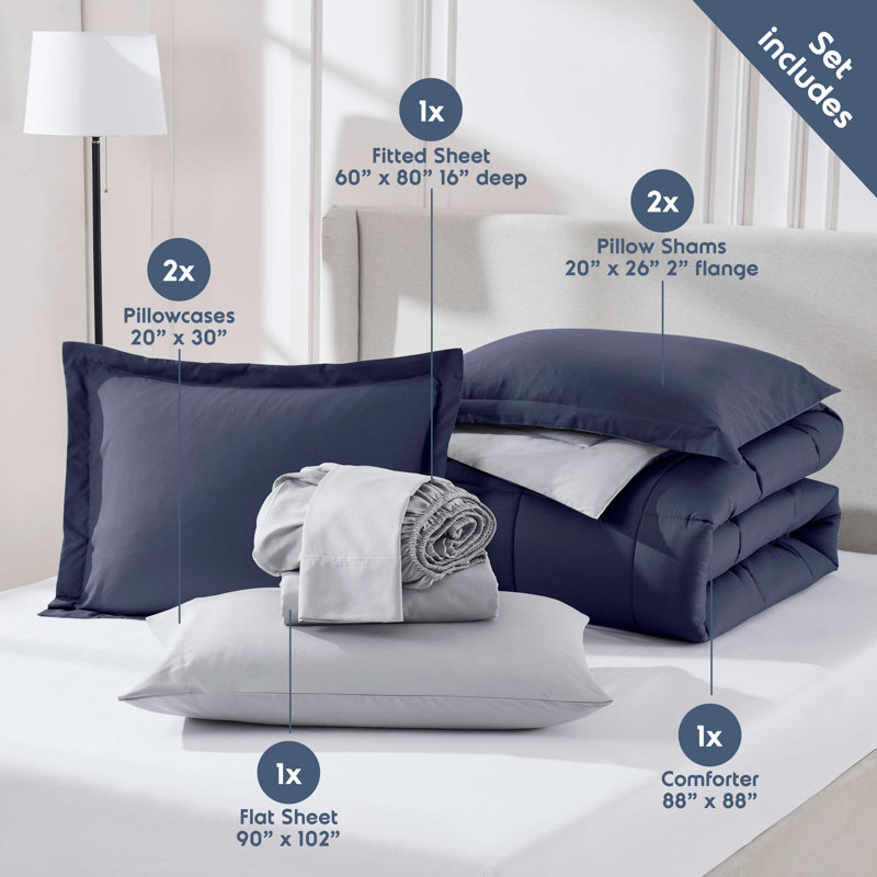Bed-in-A-Bag Reversible Comforter Set with Bed Sheets, Queen Comforter + 7 Additional Pieces, Navy