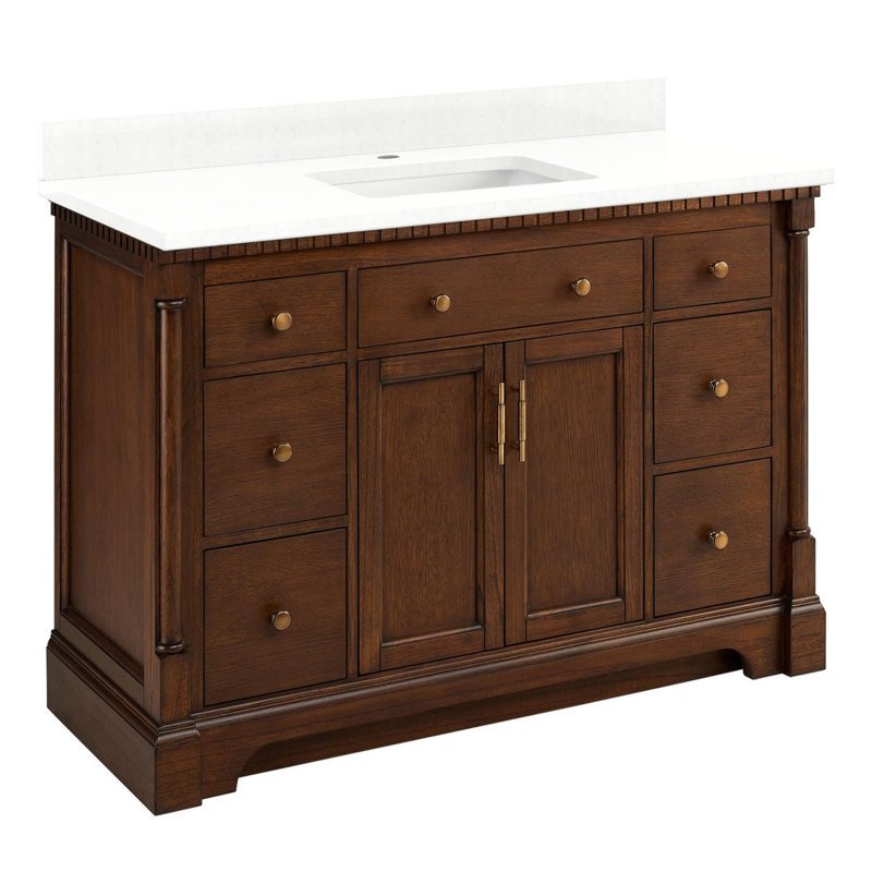 Claudia 48" Mahogany Single Basin Vanity Set with Cabinet, Vanity Top, Feathered White Quartz, Single-Hole, Antique Coffee