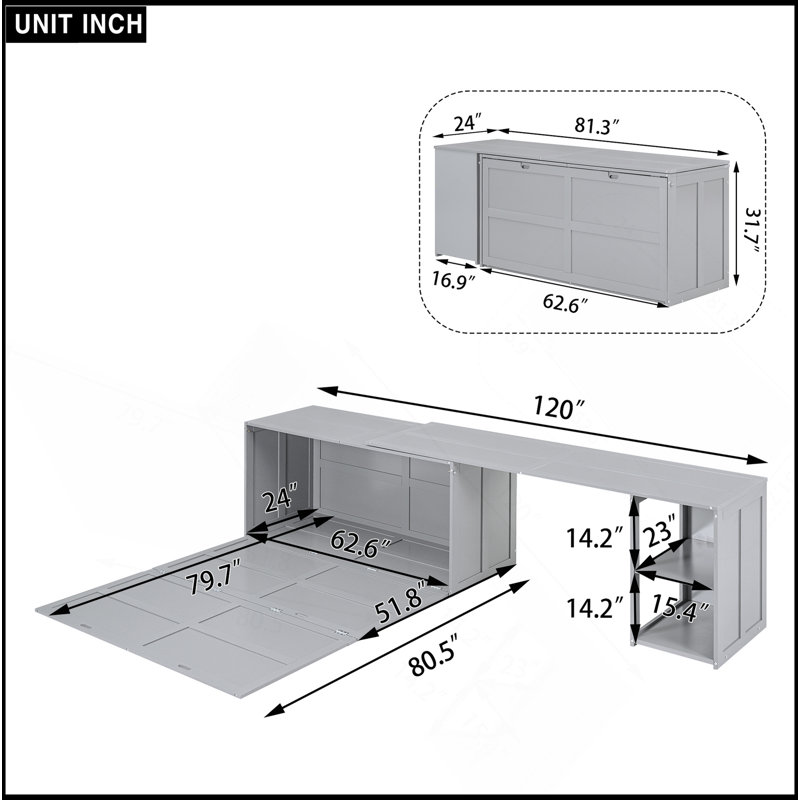 Grand lit escamotable contemporain avec bureau rotatif, Gris