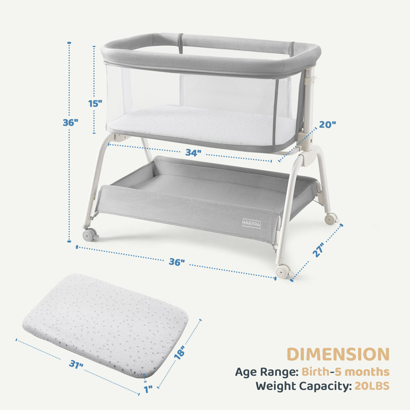 Bedside Cot with Mattress, Grey