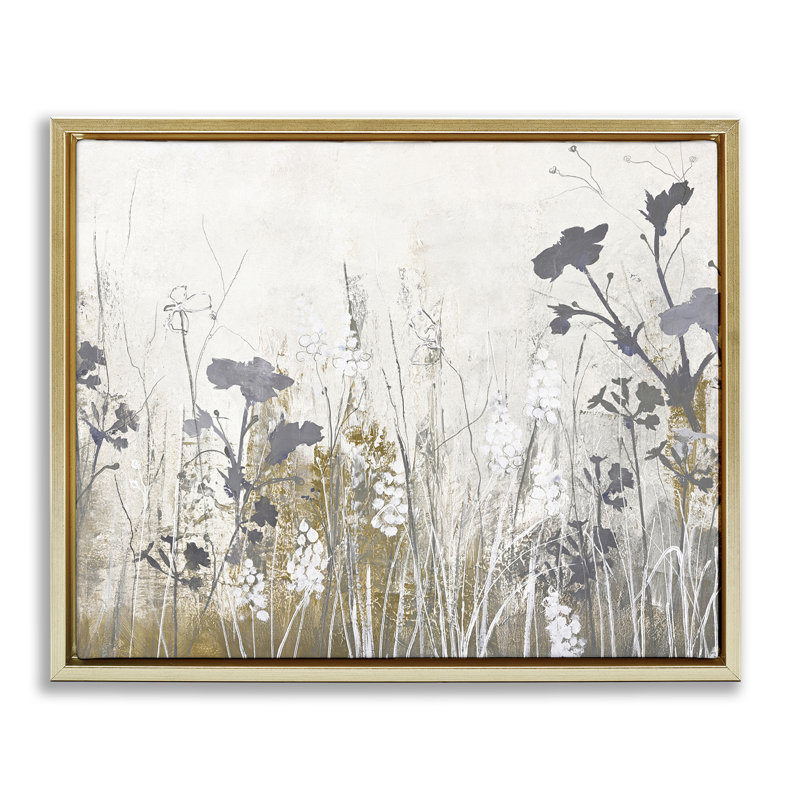 «Grey Flower Silhouettes», art mural encadré flottant par Design Fabrikken, H 17 po x l 21 po, Cadre flottant métallique doré