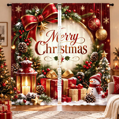 2 pièces de rideaux de scène de Noël, décoration festive, avec texte «Merry Christmas», bonhomme de neige, cadeaux, pommes de pin et ornements, tissu filtrant la lumière pour la protection de la vie privée, conception à passe-tringle, lavable à la machine, salon idéal, chambre à coucher,