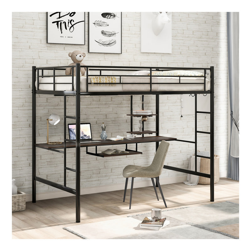 Lit mezzanine avec bureau et tablette, modèle compact, noir