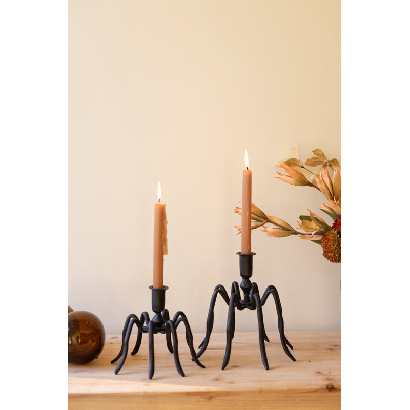 Kalalou Spider-Themed Taper Candleholders – Black Iron Decor 8.5"