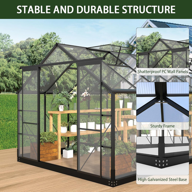 Greenhouses For Outdoors, Polycarbonate Greenhouses With Adjustable Roof Vent, Windproof, Walk-in Aluminum Frame Green Houses For Outside With Sliding Doors, Garden