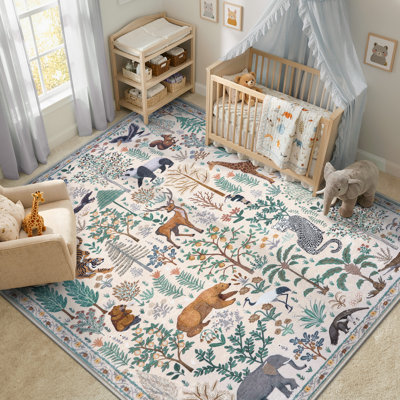  Goldene Whimsical Jungle Animal Washable Area Rug for Kids Room & Nursery, Soft Non-Slip Botanical Playroom Carpet