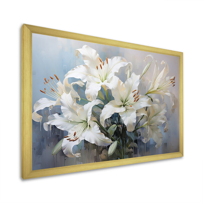 Lys blancs en fleurs - Art mural lys, H 30 po x l 40 po x P 1,5 po, Cadre doré simple