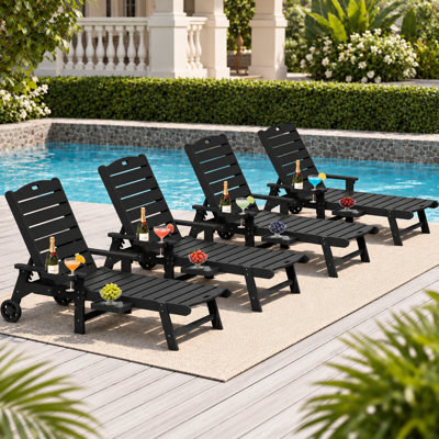 Chaise longue d'extérieur de 80 pouces, résistante aux intempéries, en silicone HIPS, avec porte-gobelet et accoudoirs, idéale pour la plage, la piscine ou la terrasse. Couleur : noir.