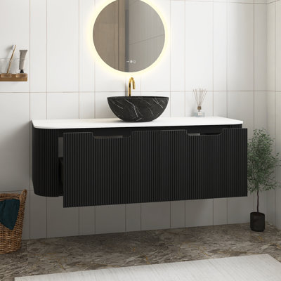 Meuble-lavabo noir 48 po avec lavabo, meuble de rangement mural rayé à bords arrondis avec 2 tiroirs, vasque en céramique noire avec motif en pierre, pré-assemblée