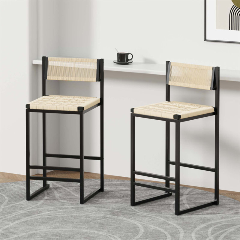 Ensemble de 2 tabourets de bar tissés avec dossier et corde de papier, idéal pour un îlot de cuisine et un décor moderne